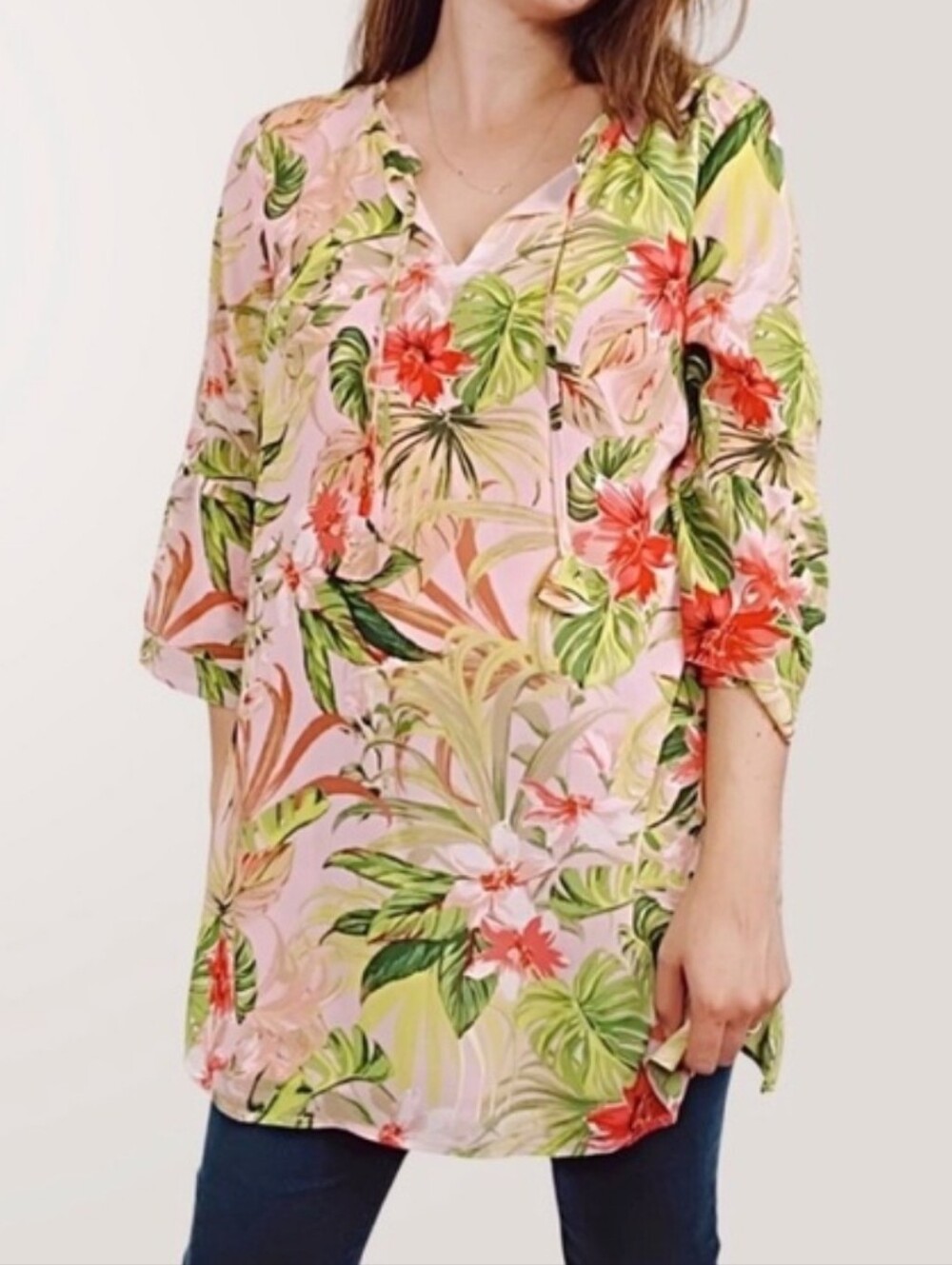 J. Jill Seashell Paradise Floral Pink Multicolored Tropical Tunic Top Size 3x